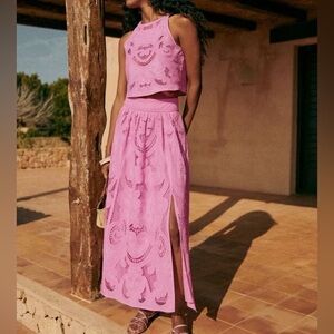 Sezane Jupe Sophie Lace Embroidered Eyelet Pink Maxi Skirt Slit Front 12 NWT